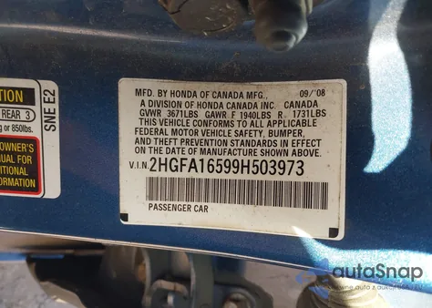 2009 Honda Civic Lx из США, поврежденный, VIN 2HGFA16599H503973